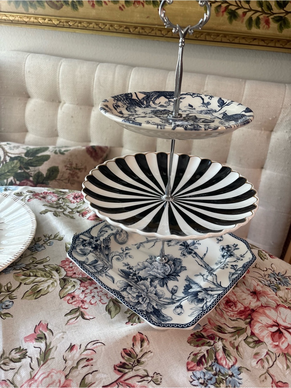 Three-Tier Porcelain Serving Stand in Black and White